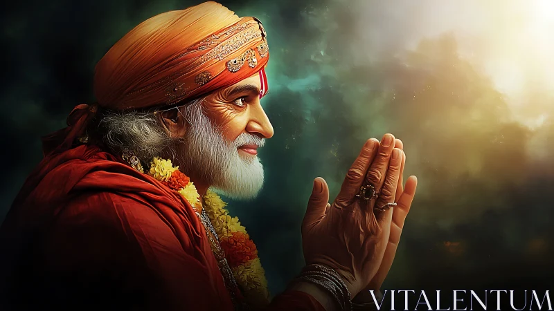 Portrait of an elderly guru in prayer against radiant cosmos
