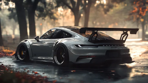 Widebody Porsche GT3 RS cuts through misty autumn park