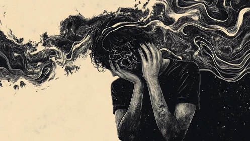 Surreal monochrome figure dissolving into swirling chaos.