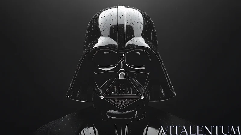 Dark armored helmet rendered with reflective wet surfaces