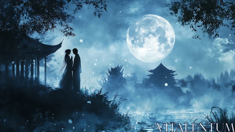 Silhouetted Romance Beneath Full Moon in Classical Asian Landscape