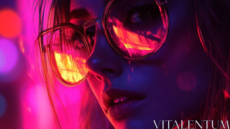 Neon-lit female portrait renders reflective cyberpunk glasses