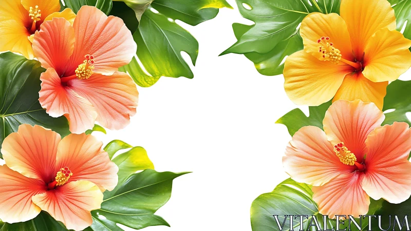 Tropical Hibiscus Blooms with Lush Foliage Display.