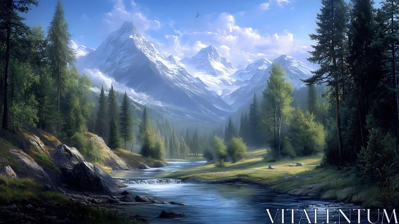 Sunlit alpine valley river framed by snowcapped mountain peaks