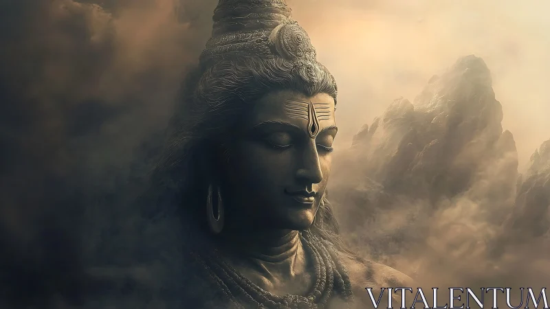 Serene stone deity head rising from misty mountain clouds.