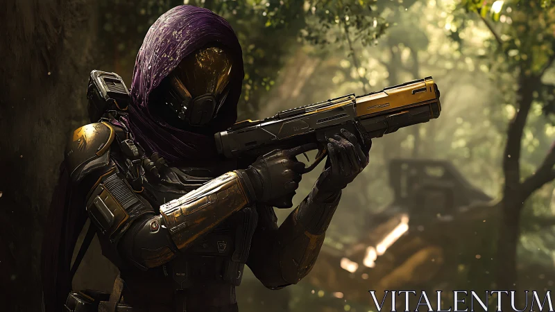 Stealth forest operative in articulated combat exosuit aiming sidearm.