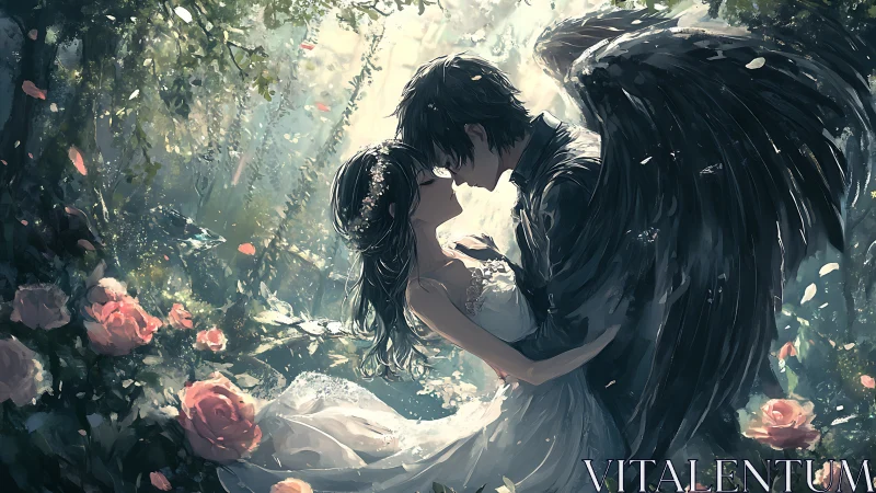 Soft garden embrace with a dark-winged guardian angel.