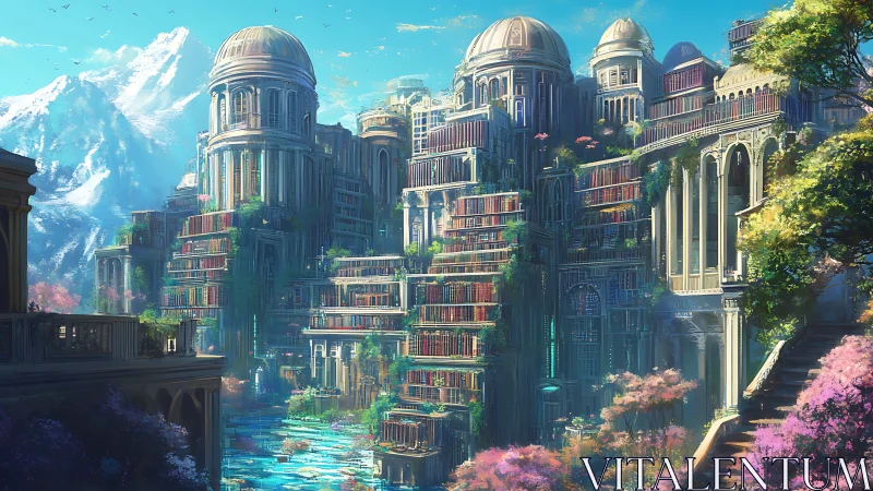 Terraced fantasy city with domed towers above river gardens
