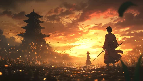 Sunset samurai guardians before a glowing pagoda horizon.