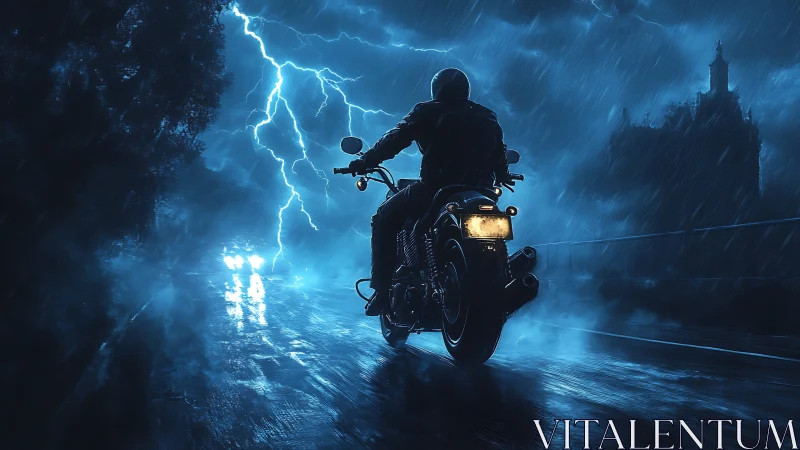 Stormrider on midnight highway carved by blue lightning.