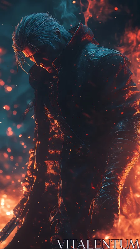 Digital figure in coat stands amid contrasting fire and smoke