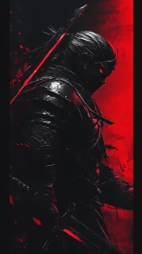 Dark armored swordsman in red and black dramatic lighting.