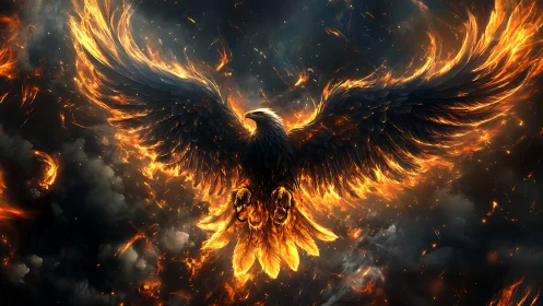 Majestic Phoenix in Flames Rising from Ashes, Digital Fantasy Art.