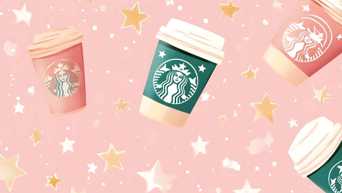 Whimsical coffee cups drifting through a dreamy pink sky.