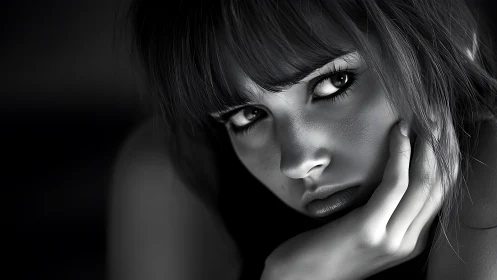 Monochrome close portrait of pensive young woman&rsquo;s face.