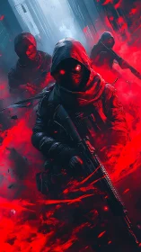 Hooded armed figures advance through red smoke in alley