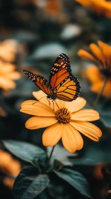 Monarch butterfly on golden daisy in shallow depth of field.