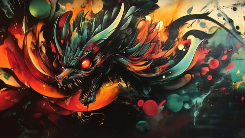Abstract dragon head bursts through neon firestorm canvas.