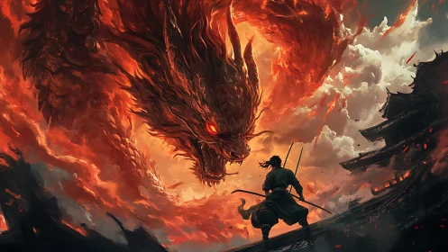 Fiery dragon confronts lone samurai in storm-lit temple skies