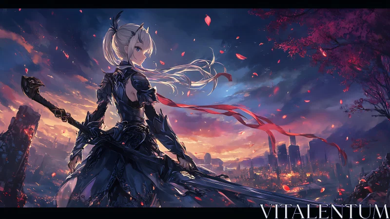 Armored anime heroine surveys a burning neon-lit city