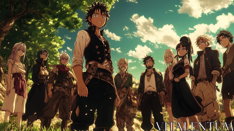 Heroic fantasy ensemble under warm forest sunlight.