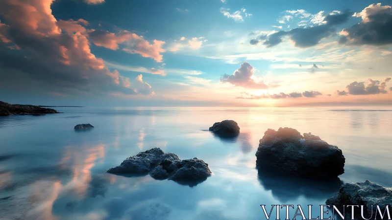 Calm rocky shoreline under colorful sunset sky.