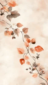 Vertical branch with orange-toned leaves crosses soft beige background