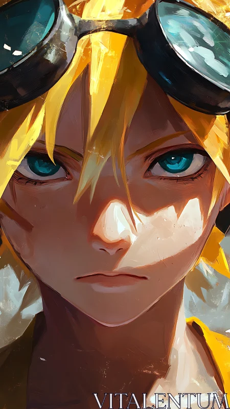 Gritty anime pilot portrait with intense teal gaze.