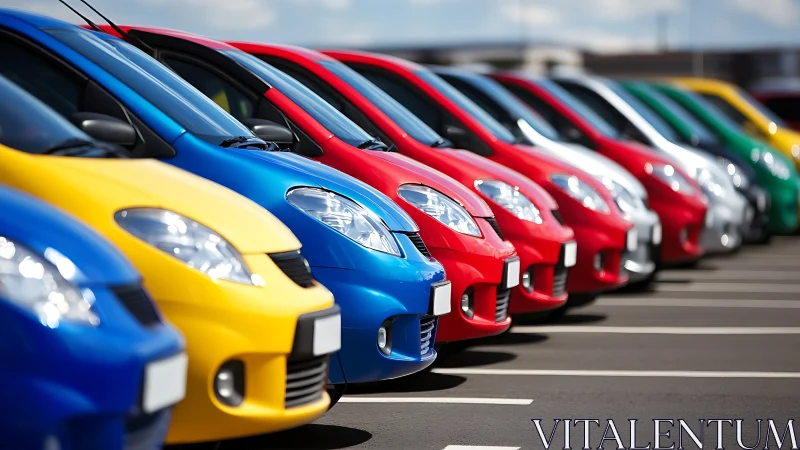 Colorful compact cars arranged in neat dealership row.