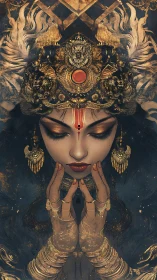 Ornate female figure with gilded headdress and closed eyes.