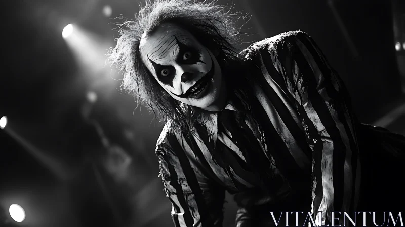 Sinister clown leans forward under harsh stage lighting