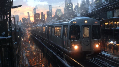 Rain-soaked elevated train rushes through neon city twilight.