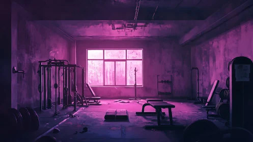 Violet twilight lingers over an abandoned urban weight room
