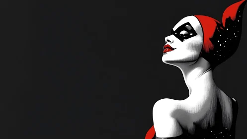 Stylized masked woman in profile against flat black background