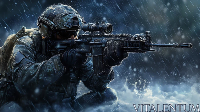 Tactical Soldier in Heavy Rain with Scoped Rifle.