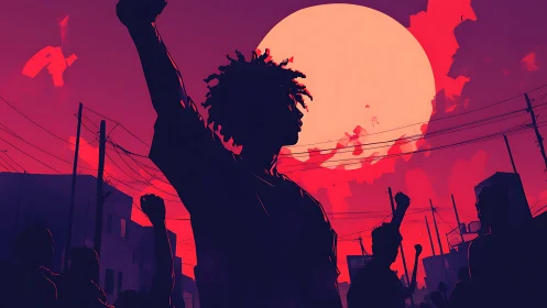 Silhouetted protest leader under crimson sunlit skyline.