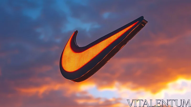 Illuminated orange swoosh logo glows over sunset clouds.