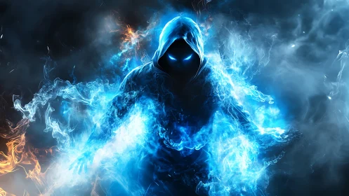 Hooded embermage walks from stormy flames into frozen light