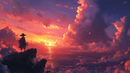 Samurai silhouette watching vivid ocean sunset sky.