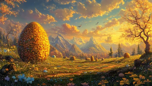 Golden blossom eggs dreaming beneath spellbound mountains.