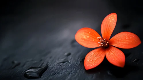 Single dewy orange flower rests on wet black background