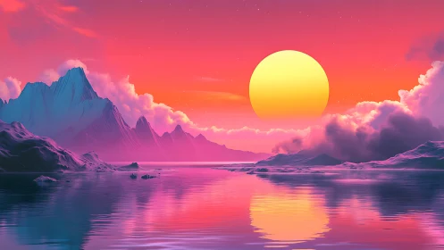 Neon gradient sunset over low-poly mountains and reflective water
