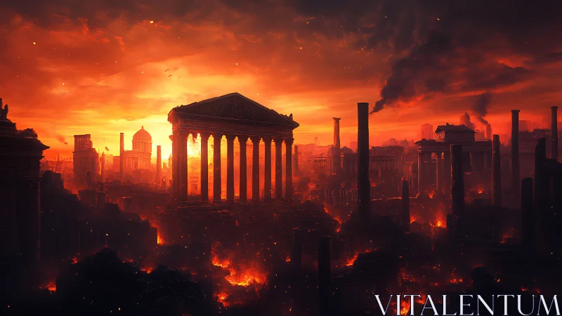 Ancient Roman temple ruins engulfed in apocalyptic inferno