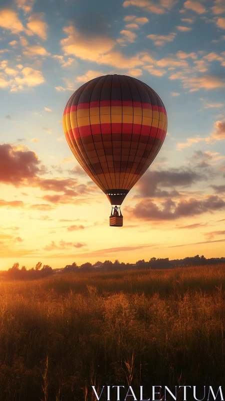 Hot air balloon over sunlit meadow at warm golden sunset