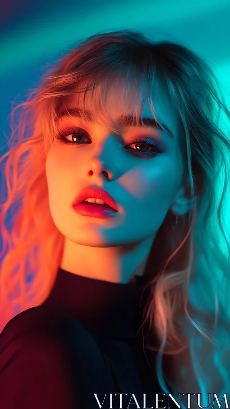 Portrait shows stylized female subject in dual-color lighting