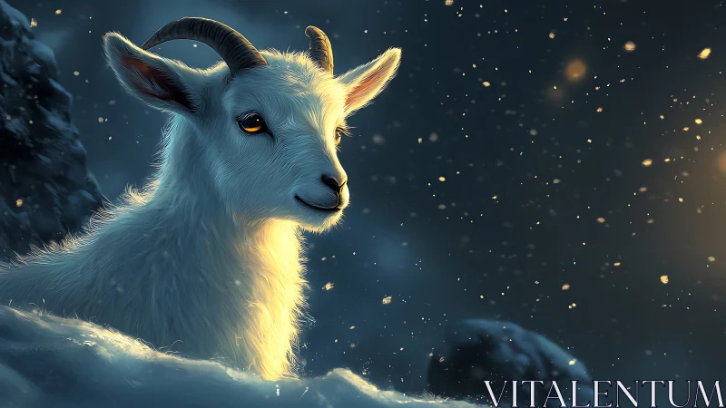 Snowlit mountain goat under glowing winter night sky.