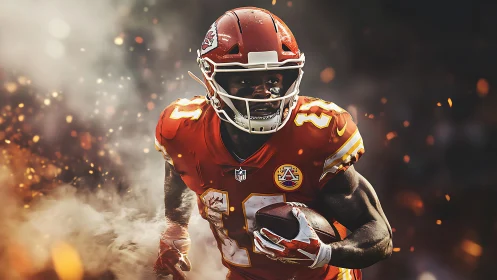 Football player in red uniform running with ball through smoke