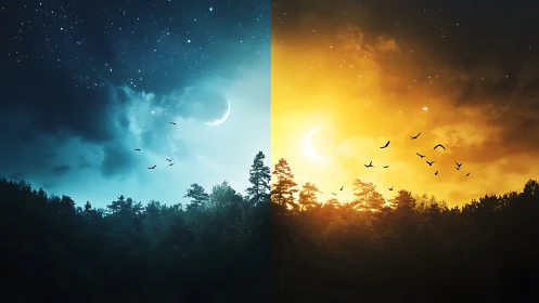 Twin skies collide where midnight meets blazing dawn.