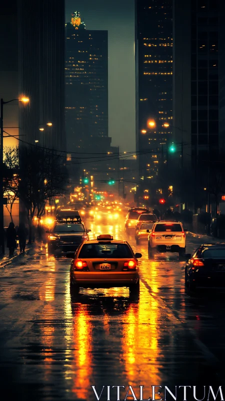 Wet urban street shows night traffic under tall office towers