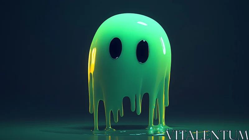 Neon green melting ghost character in glossy 3D render.